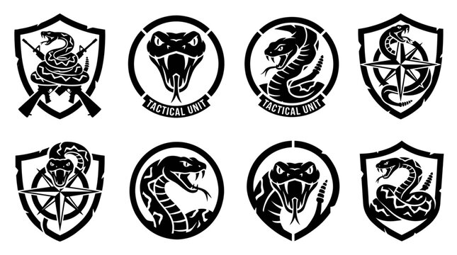 Military tactical rattlesnake badge vector set black snake logo with crossed rifles compass and shield aggressive army unit emblem design element isolated on white background