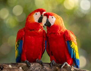 Two vibrant scarlet macaws perched on a branch, close up
