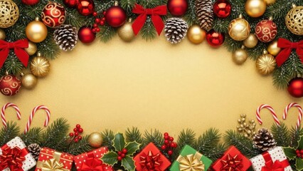 Festive christmas border with ornaments gifts and pinecones