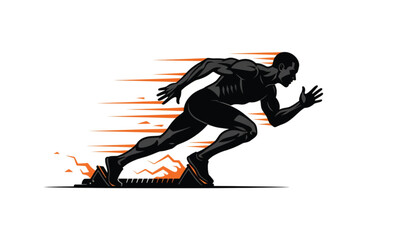Fototapeta premium Dynamic sprinter silhouette launching from starting blocks, athletic runner vector illustration, fast speed track and field sports graphic