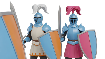 Two Knights in Blue Armor with Colorful Shields