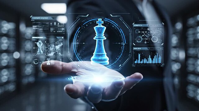Holographic chess king projection above open palm with data chart and network visualization. futuristic business strategy, palm held hologram, analytics driven leadership and technology insight