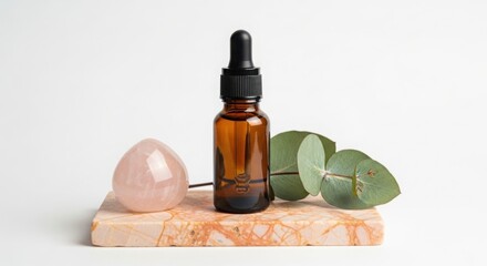 Amber dropper bottle with eucalyptus on wooden stand