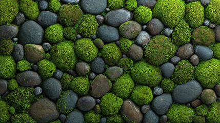 A mesmerizing close-up of moss-covered rocks forming a natural tapestry. The scene exudes a sense of tranquility, showcasing nature's artistry