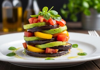 Delicious vegetarian dish with stacked slices of avocado eggplant bell pepper and tomato garnished with fresh herbs