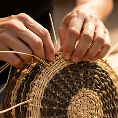 Hands carefully weaving a rustic basket with natural rattan threads