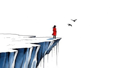 Lone figure stands on snowy cliff edge birds fly above