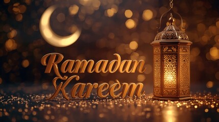 Ramadan Kareem 3D Golden Lantern Scene with Crescent Moon and Warm Light