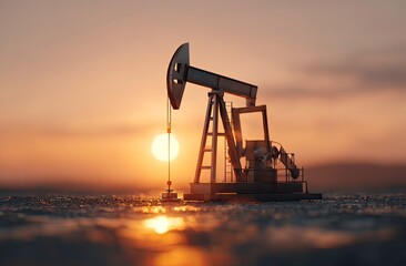 Industrial Oil Pumpjack Silhouetted Against a Golden Sunset Sky at Dusk