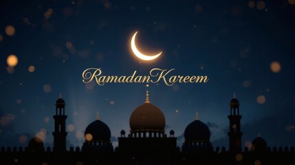 Ramadan Kareem 3D Dark Blue Night Scene with Crescent Moon Glow