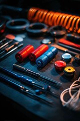 Detailed View of Crafting Tools, Springs, and Components on Dark Background