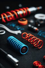 Assortment of colorful mechanical springs and industrial components on dark background.