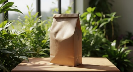 Brown paper bag outdoors amidst lush greenery sunlight casts shadows