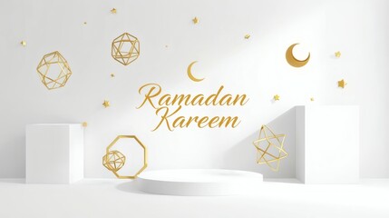 Ramadan Kareem 3D Abstract White Background with Golden Islamic Geometry