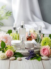 Luxury skincare product line presentation with botanical and floral accents