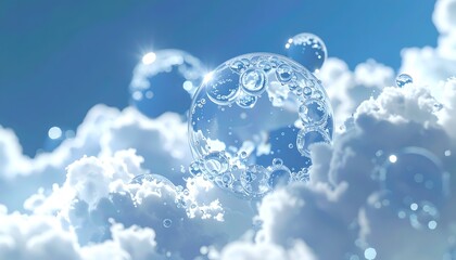 Transparent bubbles float among fluffy white clouds in a bright blue sky