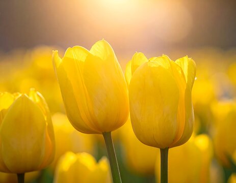 Close-up of yellow tulips in a sunlit field, soft focus - Powered by Adobe