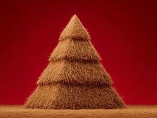 Minimalist Christmas Tree Shape Made of Dry Hay Straw Stack on Plain Background for Rustic Winter Holiday Celebration Concept Created with Generative AI