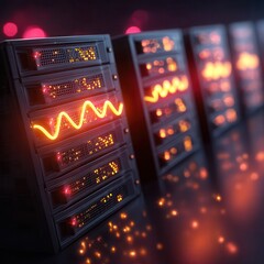 High-tech server room with glowing orange lights and futuristic equipment