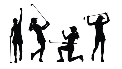 Women celebrating golf success in dynamic poses with clubs