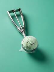 Mint chocolate chip ice cream on a metal scoop against a teal backdrop