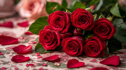 Red Roses and Hearts is a romantic floral background design that features vibrant red roses accompanied by heart motifs, creating an intimate and affectionate visual scene suitable for romantic occasi