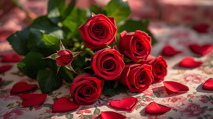 Red Roses and Hearts is a romantic floral background design that features vibrant red roses accompanied by heart motifs, creating an intimate and affectionate visual scene suitable for romantic occasi