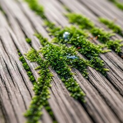 Mossy wooden planks with small droplets, a textured, natural surface