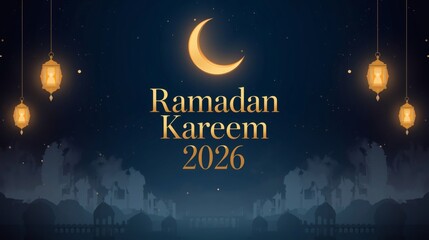 Ramadan Kareem 2026 Luxury Islamic Background with Golden Crescent and Lanterns
