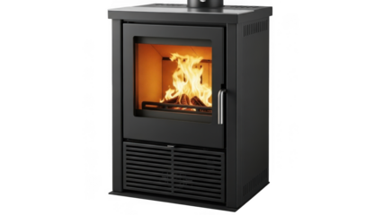 Modern black wood stove with fire isolated on transparent background