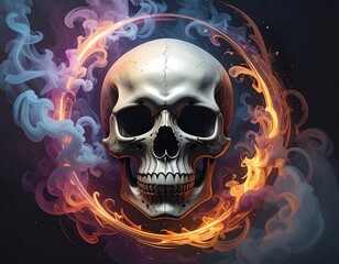 A spectral skull encircled by glowing flames and swirling colorful smoke