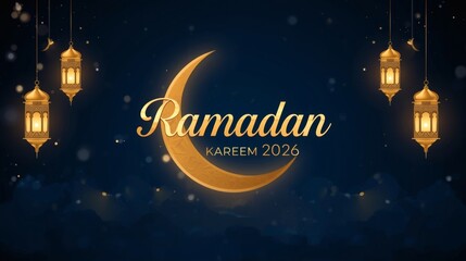 Ramadan Kareem 2026 Luxury Islamic Background with Golden Crescent and Lanterns