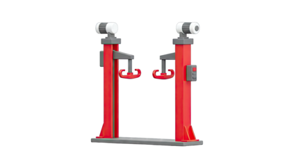 Red Two-Post Car Lift with Gray Base and White Motors