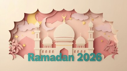 Ramadan 2026 Paper Cut Islamic Scene with Crescent and Mosque