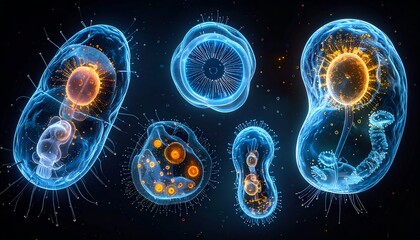 Glowing, stylized microscopic organisms with vibrant internal structures