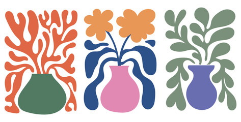 Floral Vase Illustration Set in Modern Folk Art Style
