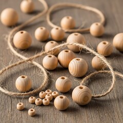 Rustic crafting wooden beads and twine on a textured surface close up
