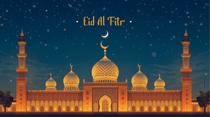 Eid al Fitr Islamic Greeting with Mosque and Crescent Moon