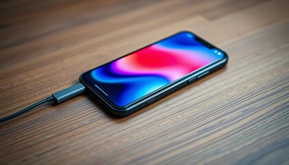 Sleek black mobile phone on wooden table, charging cable nearby, background, cable