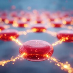 Vibrant red cells connecting with glowing orange sparks in blue background