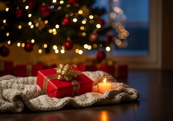 Cozy christmas scene with red gift box and candle on knitted blanket near decorated tree with holiday