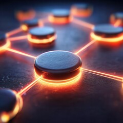 Glowing orange connections linking dark nodes in futuristic network