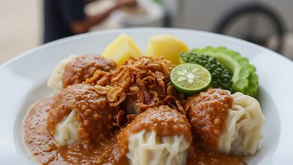 Siomay dish with peanut sauce, potatoes, lime, and bitter melon closeup