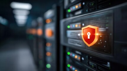 Secure data server room with shield and key icon protecting sensitive information