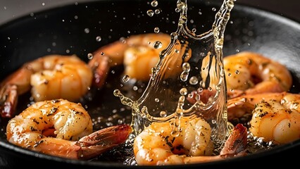 Sizzling shrimp in pan, illuminated by splash for tempting culinary moment