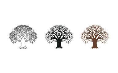 Three Stylized Trees in Black and Brown on White Background