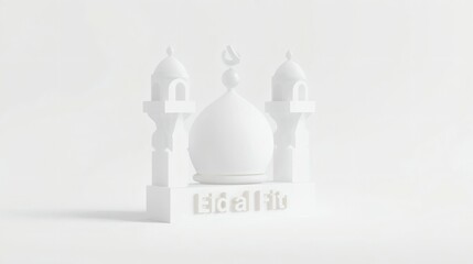 Eid al Fitr 3D Minimal White Scene with Mosque and Crescent