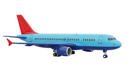 3D render of a light blue passenger jet with red tail