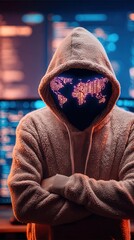 Mysterious hacker with glowing digital face mask in dark room