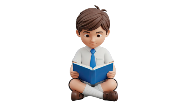 Cartoon boy in school uniform reading a book - Powered by Adobe